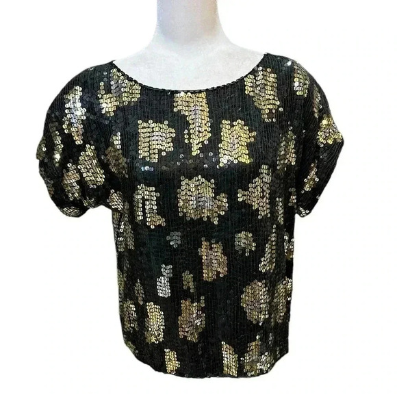 Vtg J. L. B. Beaded Black Leopard Big Cat Spots Sequins Trophy Silk Blouse Large - Picture 5 of 6